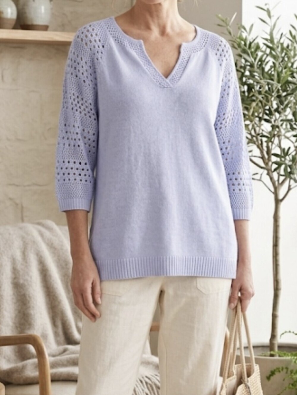 J. Jill Pale Blue Knit Top with Crochet Yoke 3/4 Slevees Cotton Linen Sz 2X